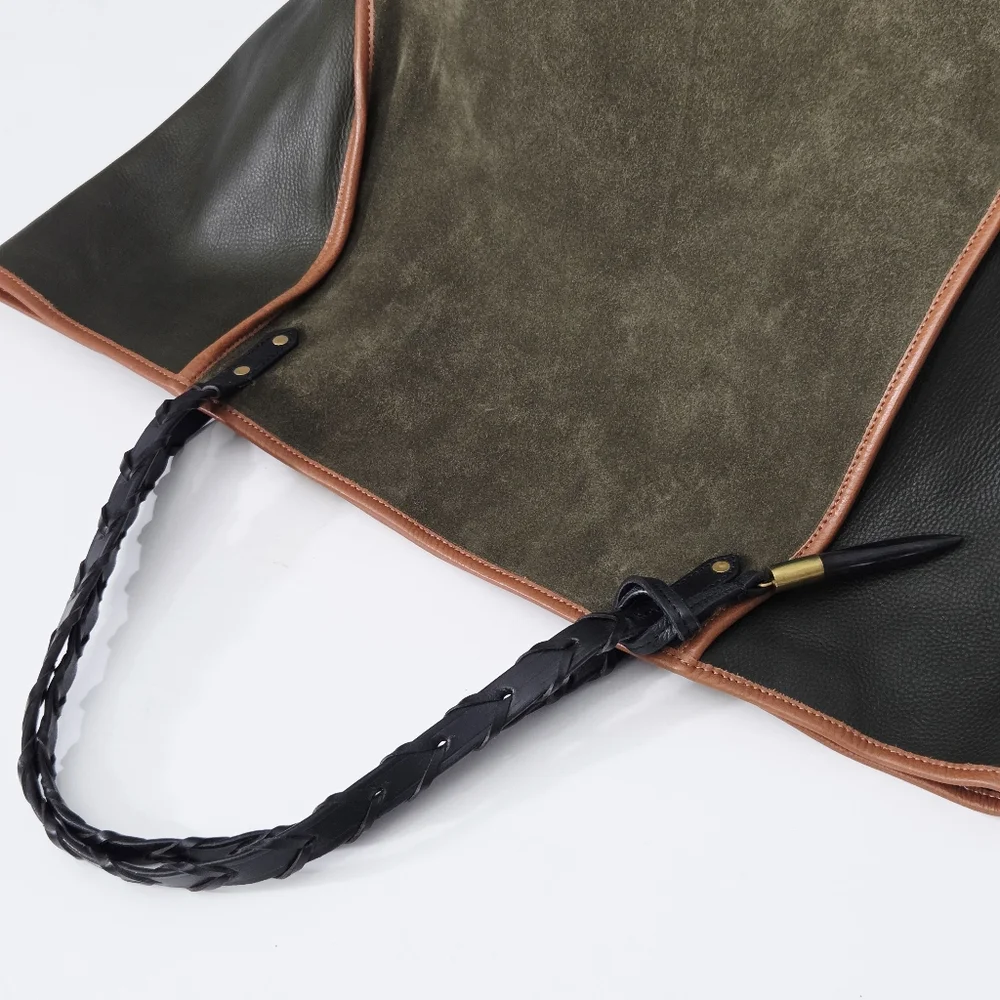 KEMPTON & CO TAUNTON TOTE BAG - OLIVE LEATHER AND SUEDE
